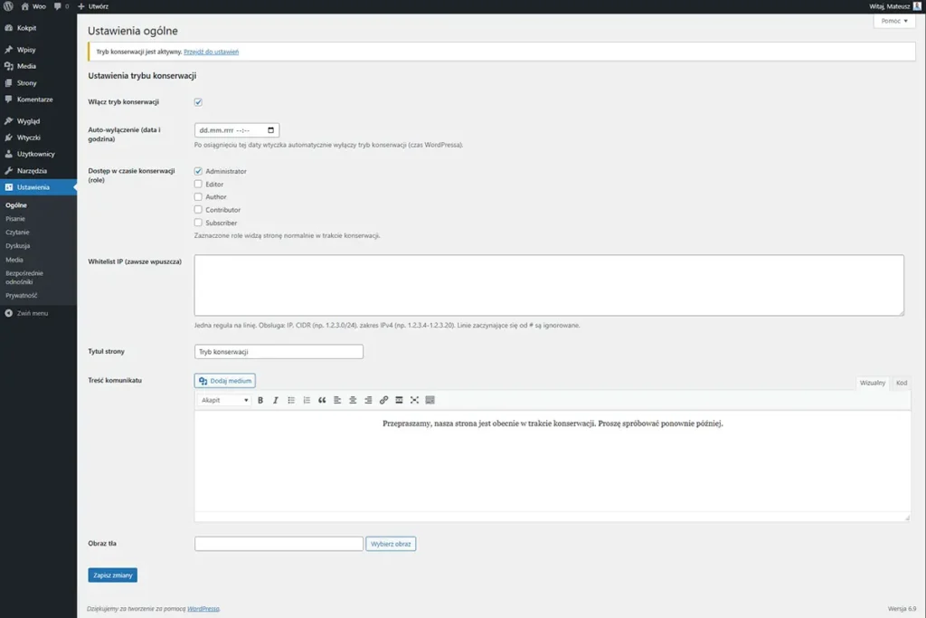 Ustawienia wtyczki Maintenance Mode w WordPressie – włącz tryb konserwacji, auto-wyłączanie, role i whitelist IP.